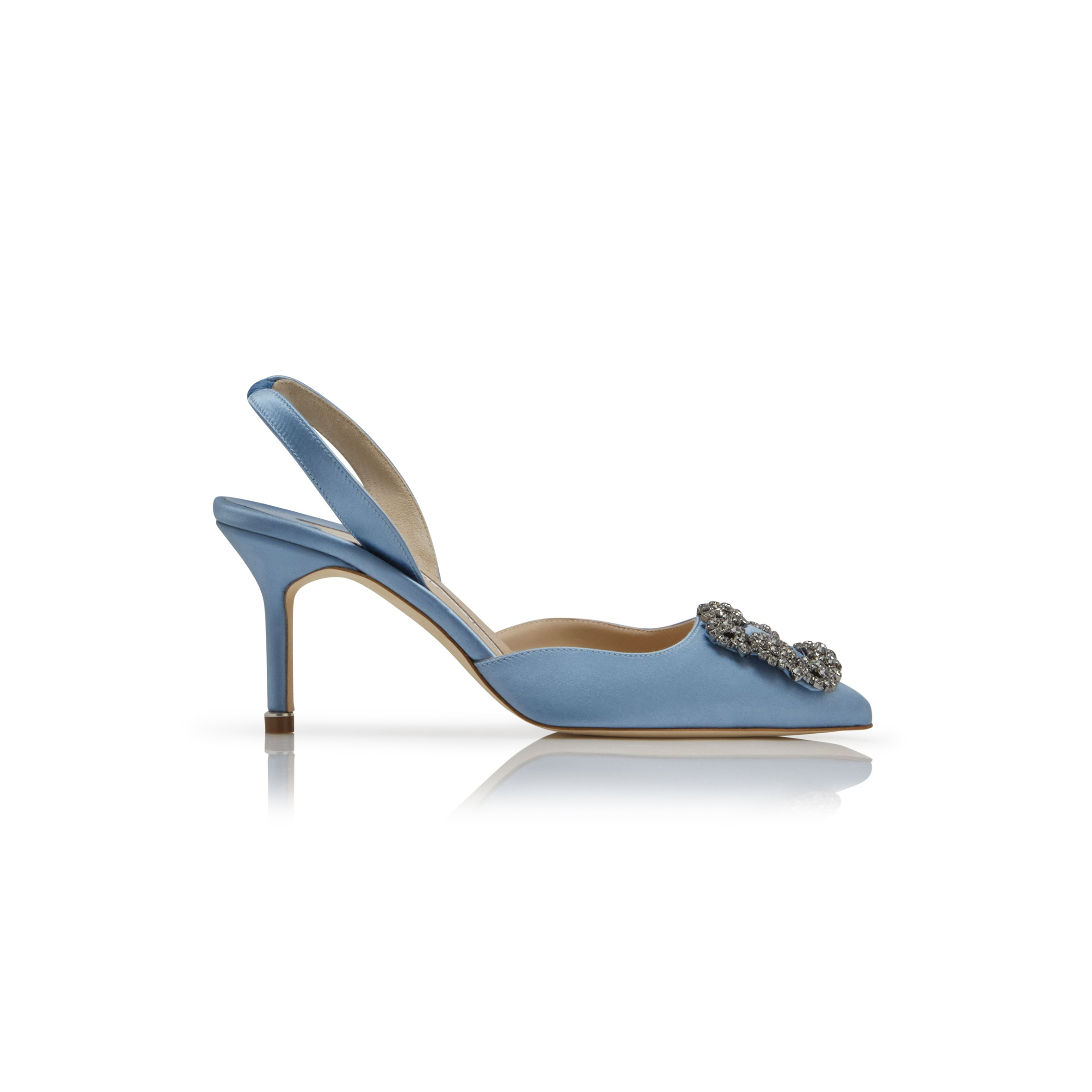 MANOLO BLAHNIK HANGISLI LIGHT BLUE SATIN JEWEL BUCKLE SLINGBACK PUMPS 419-0473-0014